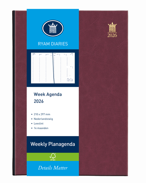 Agenda 2026 Ryam Weekly Mundior 7dagen/2pagina's bordeaux