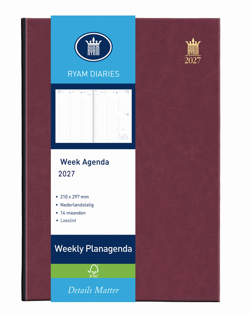 Agenda 2027 Ryam Weekly Mundior 7 jours/2 pages bordeaux