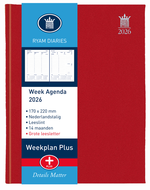 Agenda 2026 Ryam Weekplan Plus Mercury 7dagen/2pagina's rood