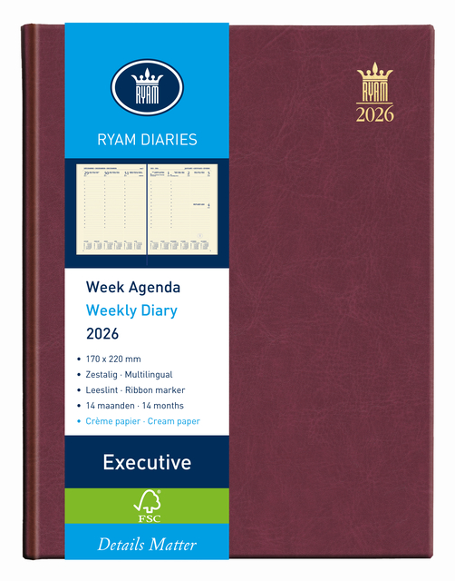 Agenda 2026 Ryam Executive Mundior 7 jours/2 pages bordeaux