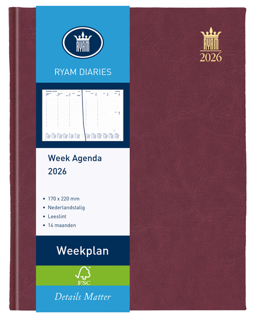 Agenda 2026 Ryam Weekplan Mundior 7dagen/2pagina's bordeaux
