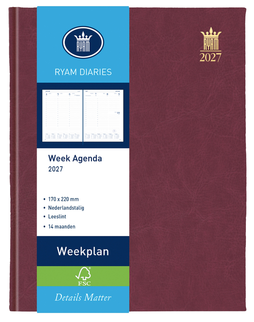 Agenda 2027 Ryam Weekplan Mundior 7 jours/ 2 pages bordeaux