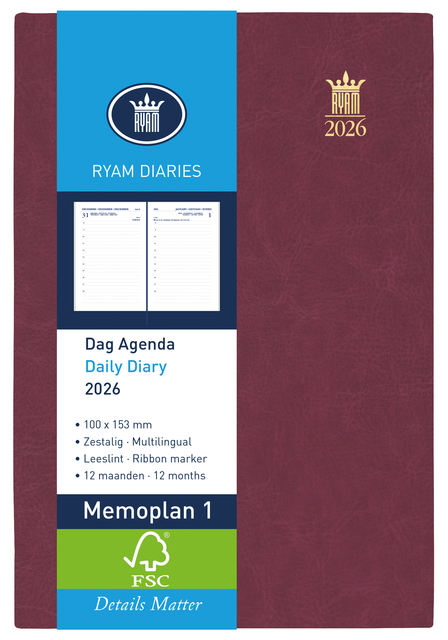 Agenda 2026 Ryam Memo Mundior 1 jour/1 page bordeaux