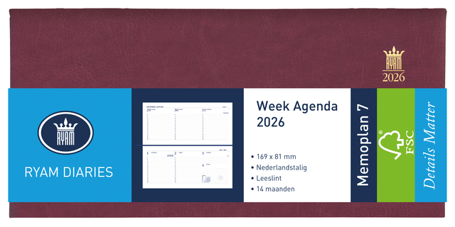 Agenda 2026 Ryam Memoplan 7 Mundior 7dagen/2pagina's landscape bordeaux