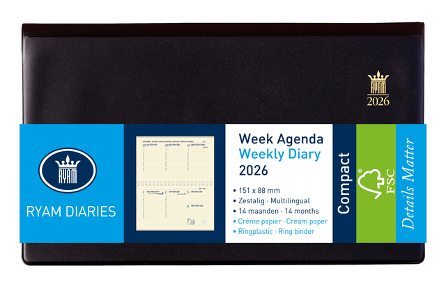 Agenda 2026 Ryam Compact Suprema 7 jours/ 2 pages anneaux plastique noir