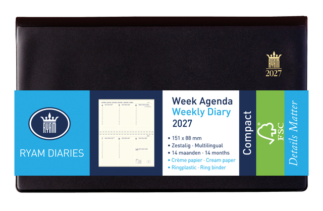 Agenda 2027 Ryam Compact Suprema 7 jours/ 2 pages anneaux plastique noir