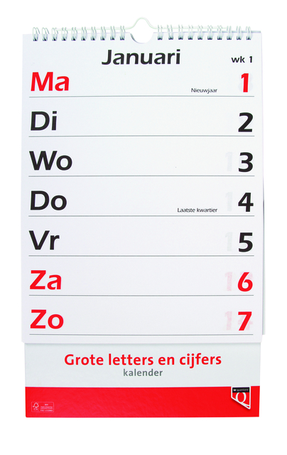 Calendrier 2026 gros caractères lettres et chiffres Quantore