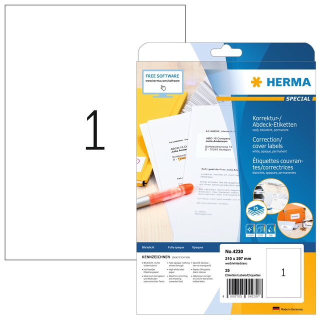 Etiquette HERMA 4230 210x297mm correctrice A4 blanc 25 pièces