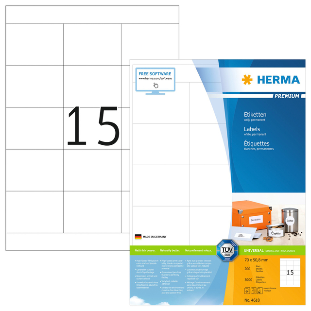 Etiquette HERMA Premium 42618 70x50,8mm blanc 6500 pièces