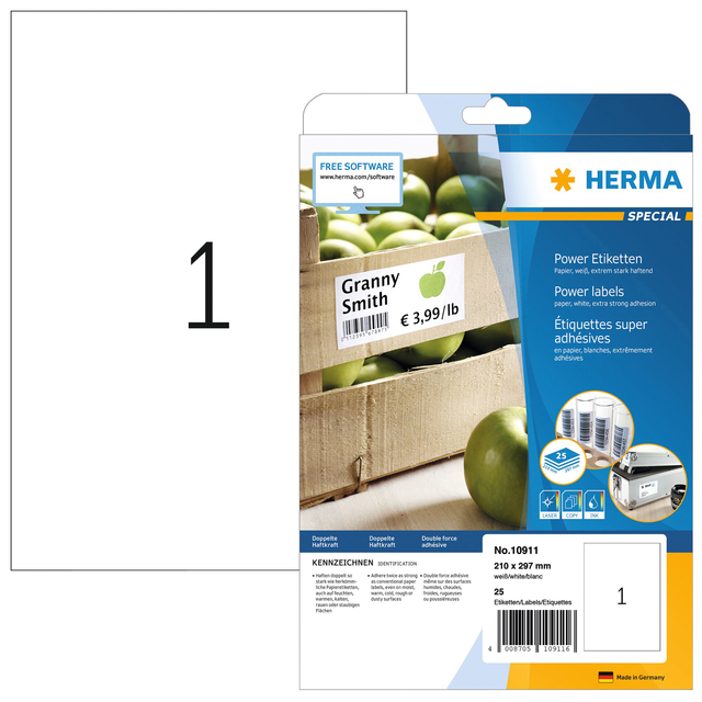 Etiquette HERMA Power 10911 210x297mm blanc 25 pièces