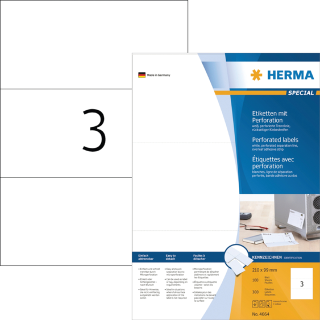Etiquette HERMA 4664 210x99mm perforé blanc 300 pièces