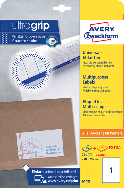 Etiquette Avery Zweckform 6119 210x297mm A4 blanc 25 pièces