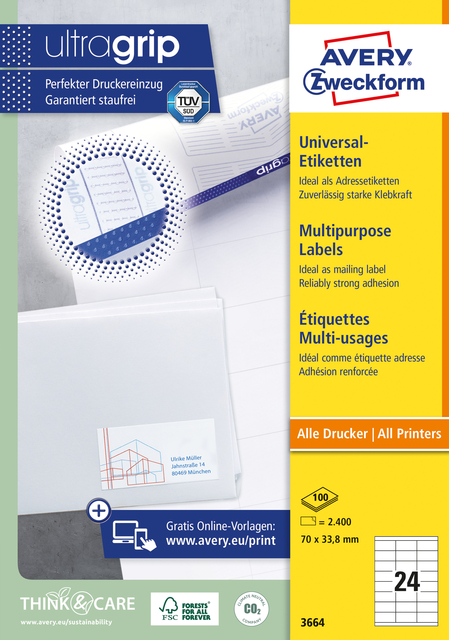 Etiket Avery Zweckform 3664 70x33.8mm wit 2400stuks