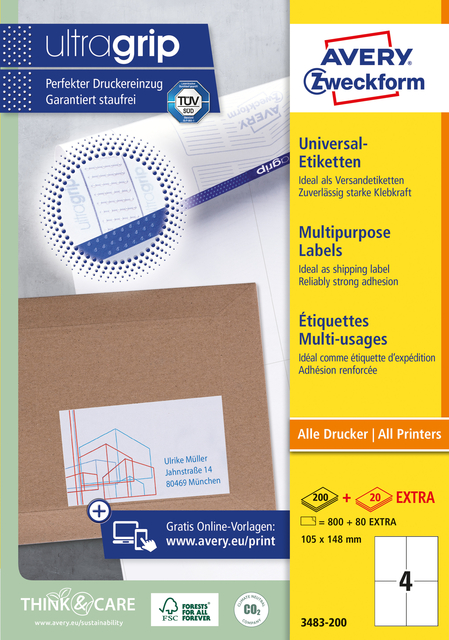 Etiquette Avery 3483-200 105x148mm A6 blanc 800 pièces