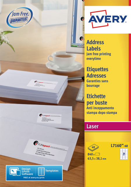 Etiquette Avery L7160-40 63,5x38,1mm blanc 840 pièces