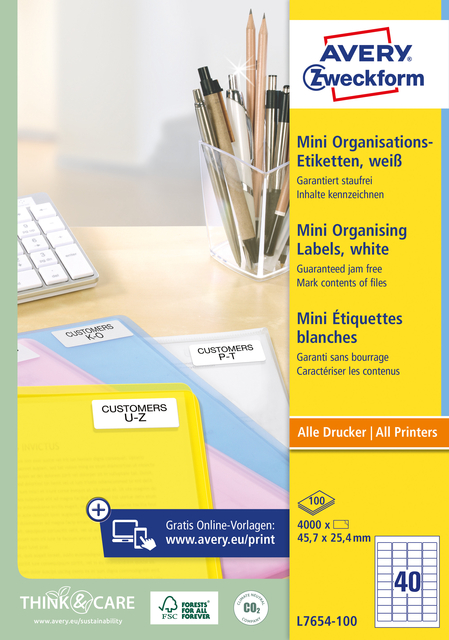 Etiket Avery L7654-100 45.7x25.4mm wit 4000 etiketten