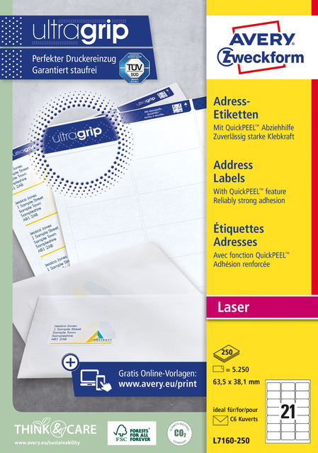 Etiquette Avery L7160-250 63,5x38,1mm blanc 5250 pièces