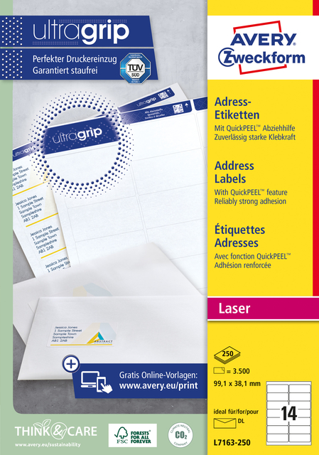 Etiquette Avery L7163-250 99,1x38,1mm blanc 3500 pièces