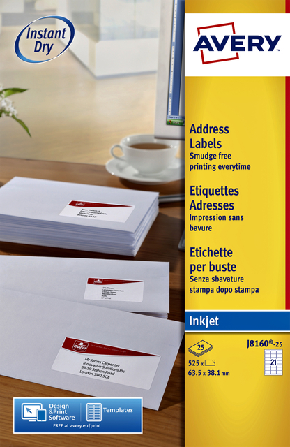 Etiquette Avery J8160-10 63,5x38,1mm blanc 210 pièces