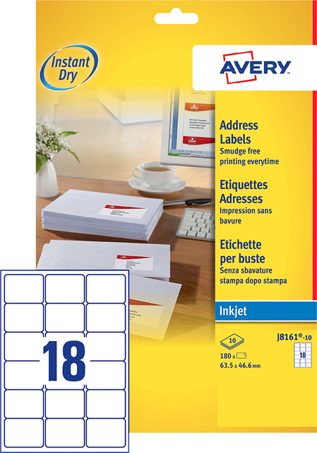 Etiket Avery J8161-10 63.5x46.6mm wit 180 etiketten