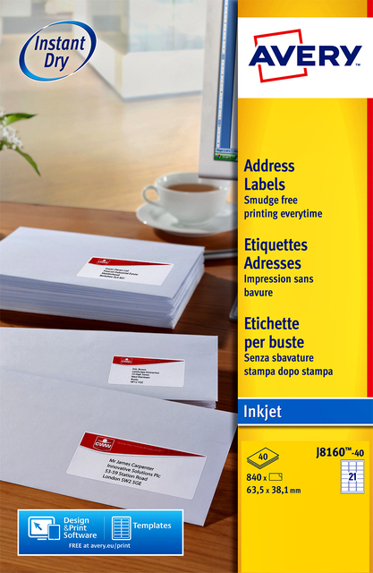 Etiket Avery J8160-40 63.5x38.1mm wit 840 etiketten