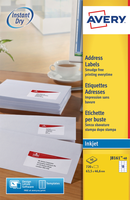 Etiket Avery J8161-40 63.5x46.6m wit 720 etiketten