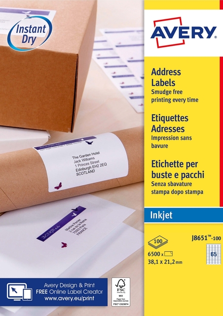 Etiket Avery J8651-100 38.1x21.2mm wit 6500 etiketten