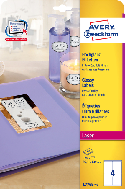 Etiquette Avery L7769-40 99,1x139mm brillant blanc 160 pièces