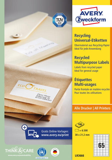 Etiquette Avery Zweckform LR3666 38x21,2mm recyclé blanc 6500 pcs