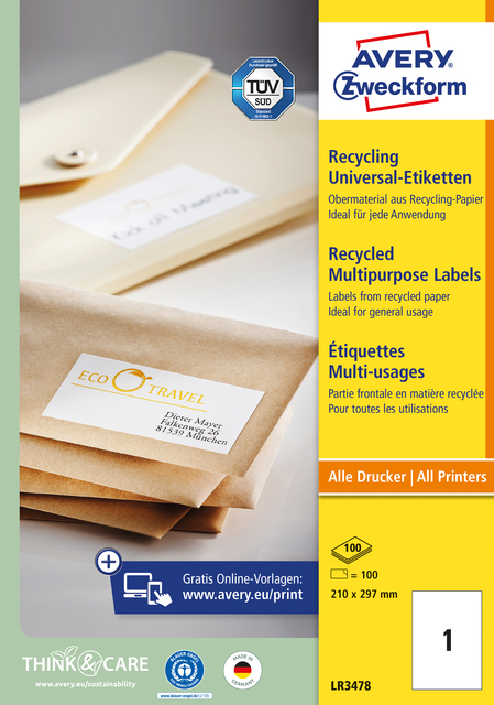 Etiquette Avery Zweckform LR3478 210x297mm A4 recyclé blanc 100 pièces