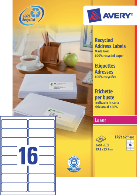 Etiquette Avery LR7162-100 99,1x33,9mm recyclé blanc 1600 pièces