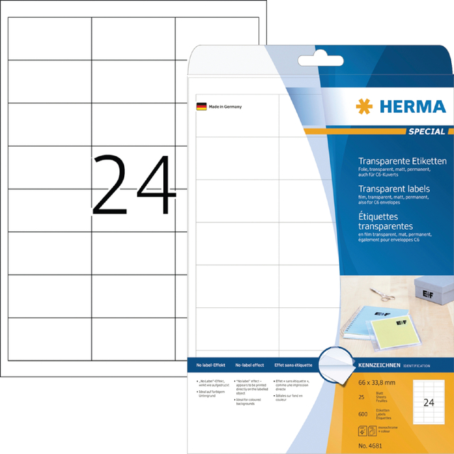 Etiquette HERMA 4681 66x33,8mm transparent 600 pièces
