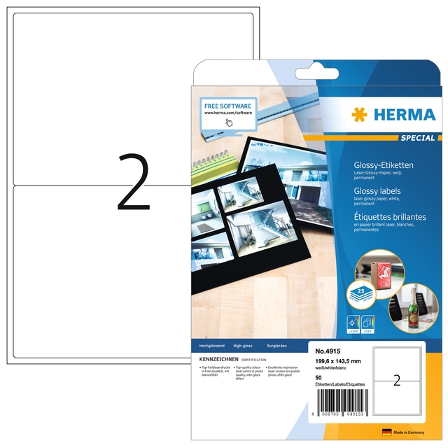 Etiket HERMA 4915 199.6x143.5mm glossy wit 50 stuks