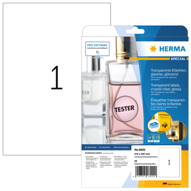 Etiket HERMA 8020 210x297mm transparant 25 stuks