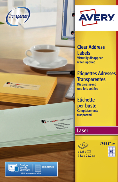 Etiquette Avery L7551-25 38,1x21,1mm transparent 1625 pièces