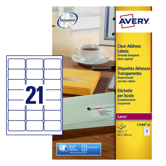 Etiket Avery L7560-25 63.5x38.1mm transparant 525 etiketten