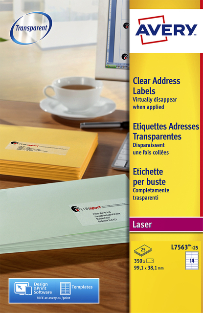 Etiket Avery L7563-25 99.1x38.1mm transparant mat 350 stuks