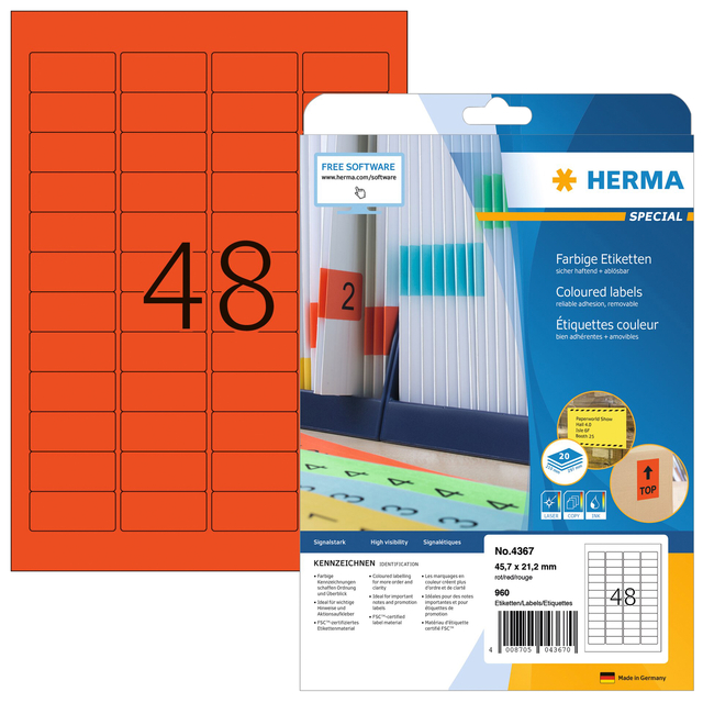 Etiket HERMA 4367 45.7x21.2mm verwijderbaar rood 960 etiketten