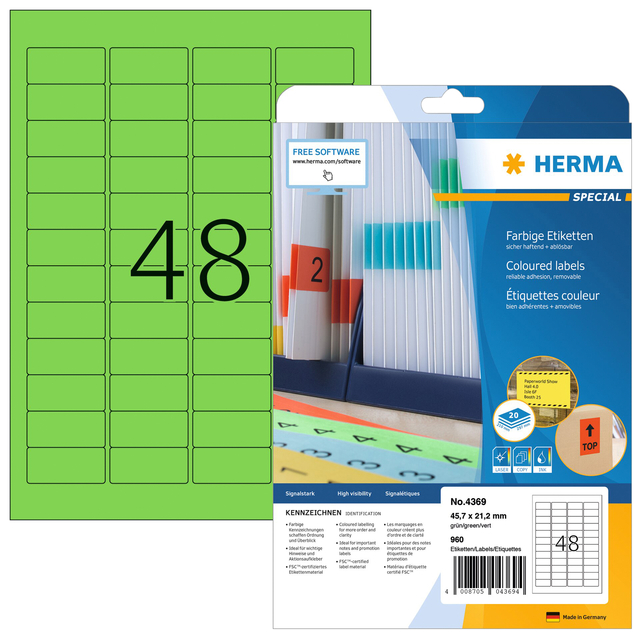 Etiquette amovible HERMA 4369 45,7x21,2mm vert 960 pièces