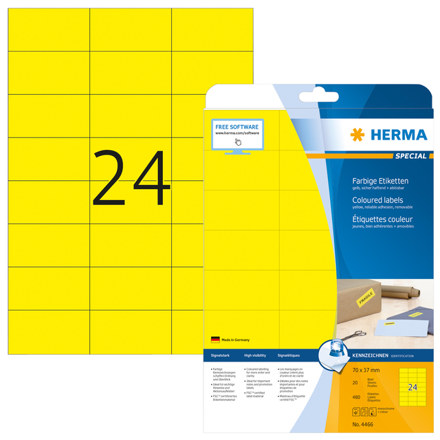 Etiquette amovible HERMA 4466 70x37mm jaune 480 pièces
