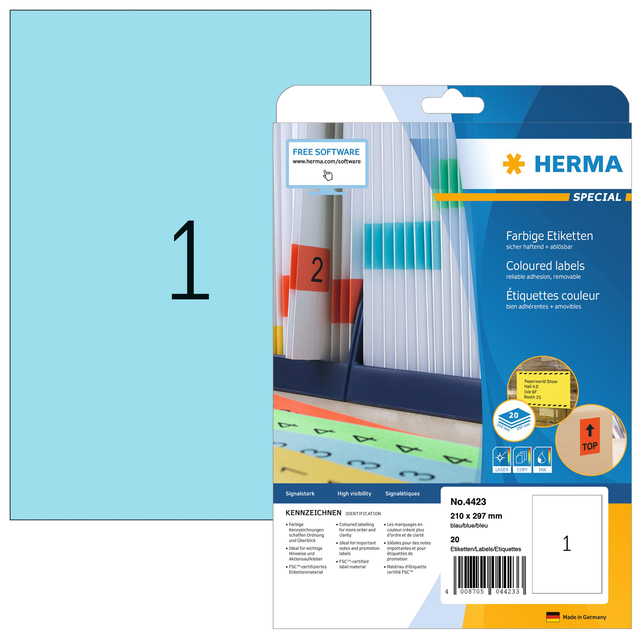 Etiquette amovible HERMA 4423 210x297mm A4 bleu 20 pièces