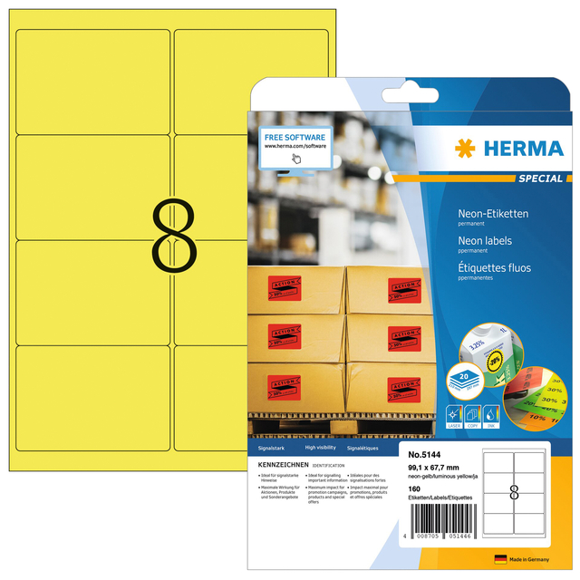 Etiket HERMA 5144 99.1x67.7mm neongeel 160 stuks