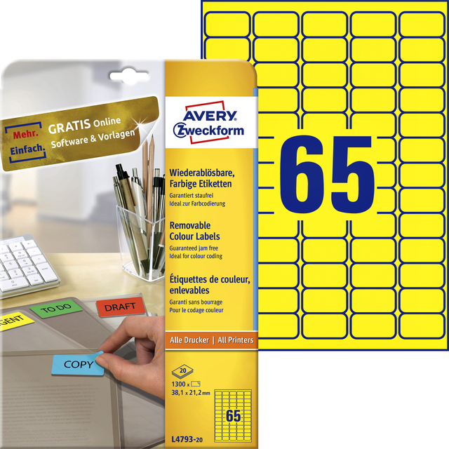 Etiquette Avery L4793-20 38,1x21,2mm jaune 1300 pièces
