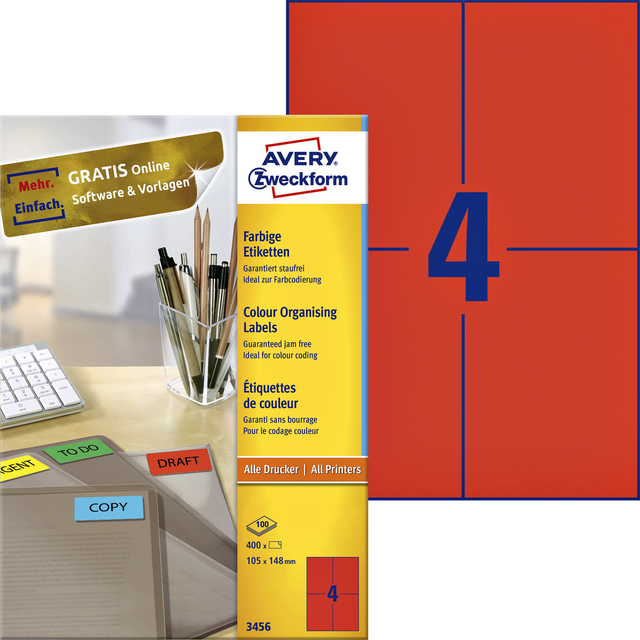 Etiquette Avery 3456 105x148mm A6 rouge 400 pièces