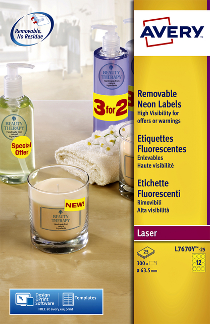 Etiquette Avery L7670-25 63,5mm ronde jaune néon 300 pièces