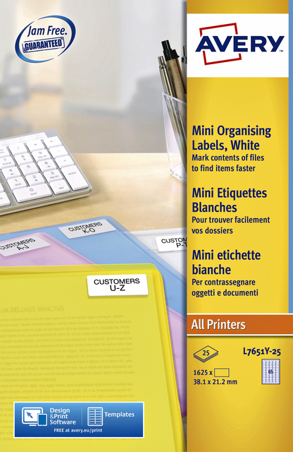 Etiquette Avery L7651Y-25 38,1x21,2mm jaune néon 1625 pièces