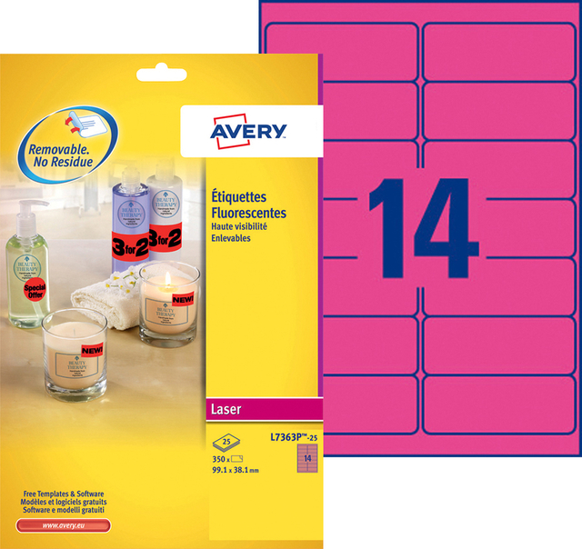Etiquette Avery L7363P-25 99,1x38,1mm rose néon 340 pièces
