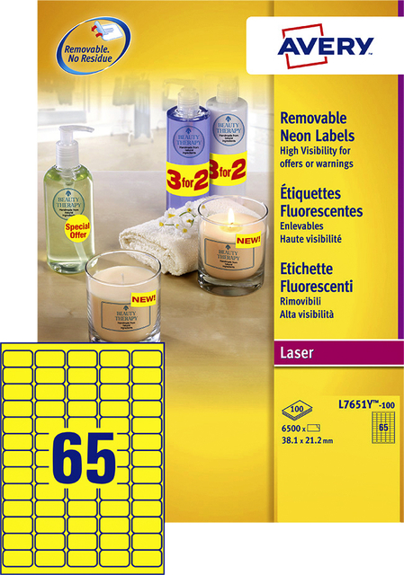 Etiquette Avery L7651Y-100 38,1x21,2mm jaune néon 6500 pièces