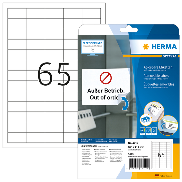 Etiket HERMA 4212 38.1x21.2mm verwijderbaar wit 1625 stuks