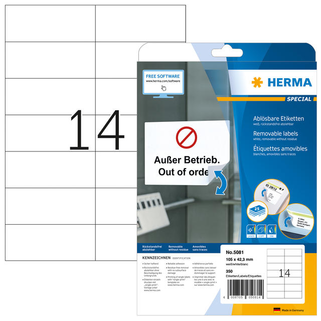 Etiket HERMA 5081 105x42.3mm verwijderbaar wit 350 stuks